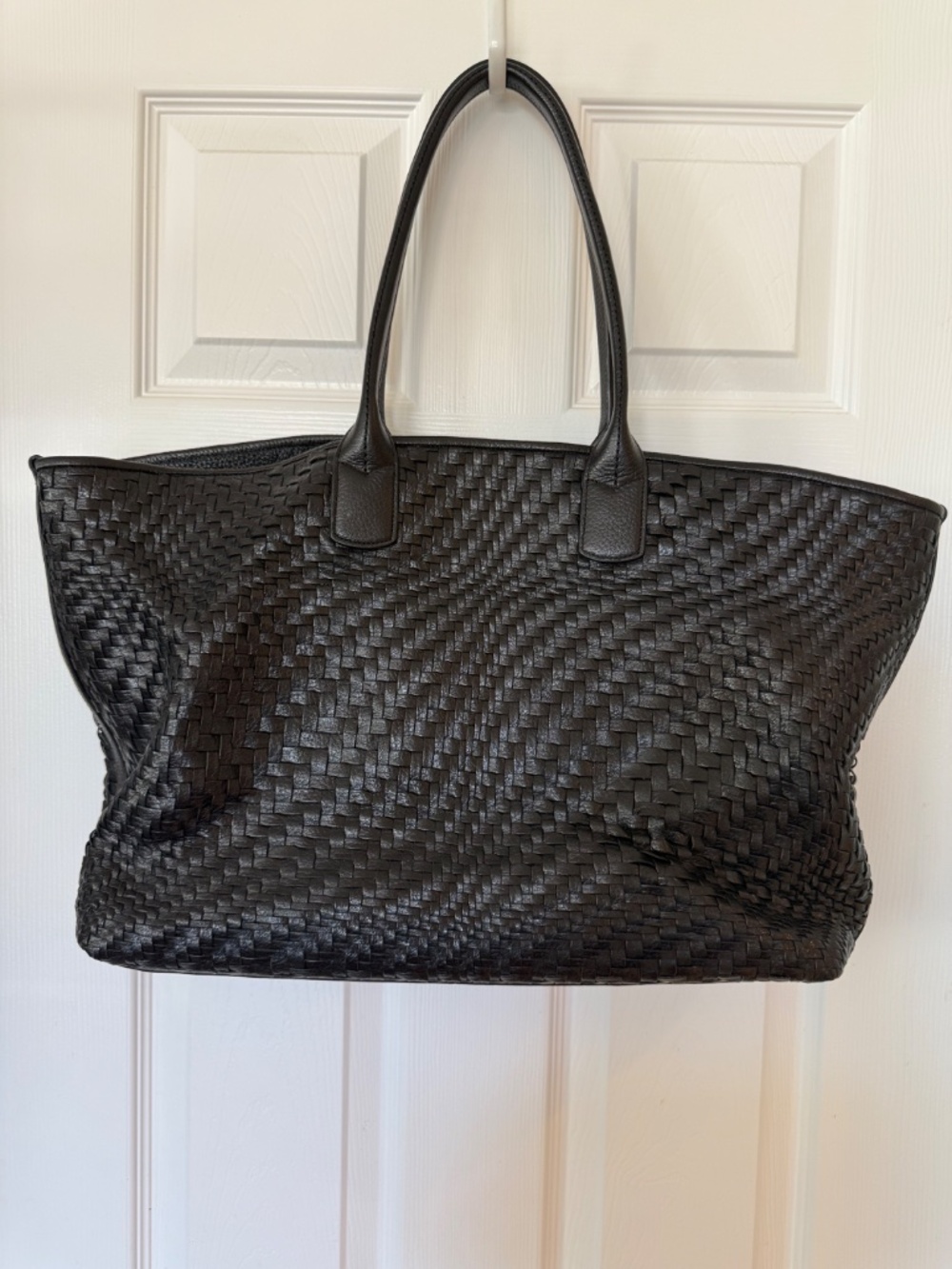 COLE HAAN Convertible Black Woven Leather Large Basket Weave Tote Shoulder Bag